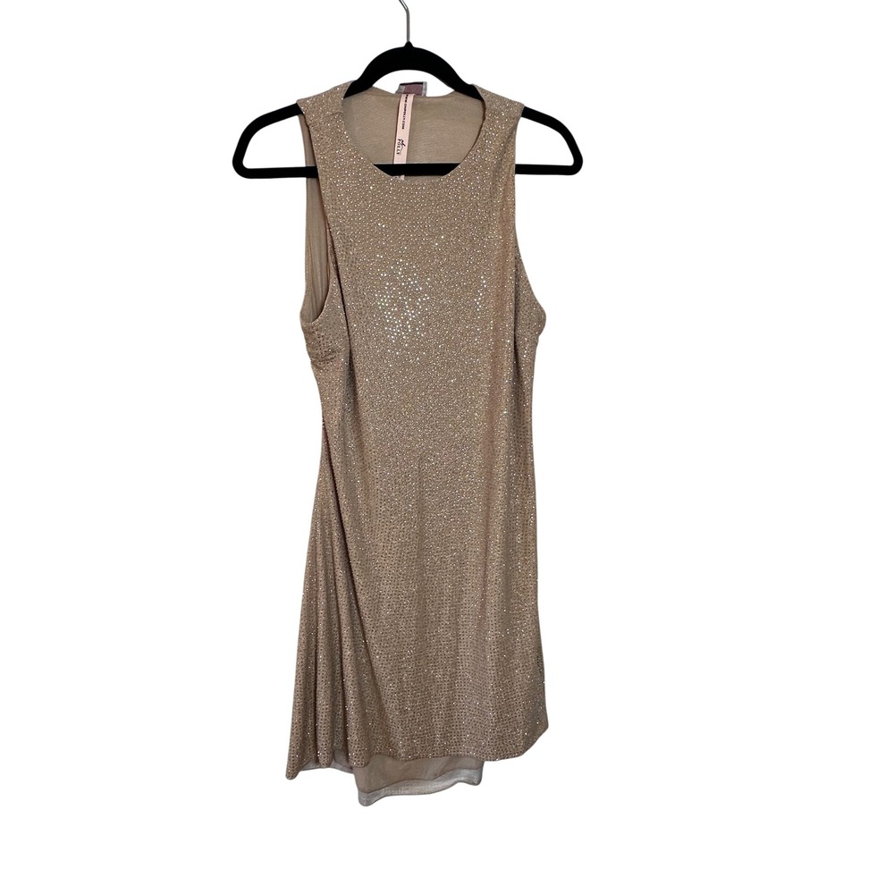 Oh Polly Arabella NWT Embellished High Neck A Line Mini Dress Nude‎ Gold SZ 14